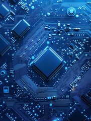Fototapete - Detailed close-up reveals a microprocessor and metallic gears on a blue circuit board, highlighting advanced electronics and design. Generative AI