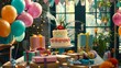 © Football - A detailed shot of a graduation party setup with balloons, a cake, and a table filled with gifts and decorations.