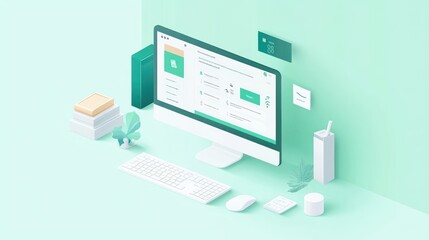 Aufkleber - A minimalist workspace with a computer, keyboard, and decorative elements.