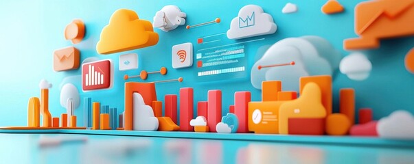 Poster - a colorful, 3d graphic depicting data analytics, featuring cloud icons, charts, and vibrant city-lik