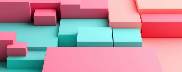 Poster - A colorful abstract design featuring stacked blocks in shades of pink and teal, creating a modern, visually appealing composition.