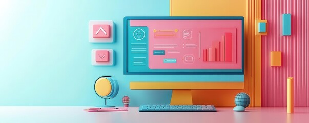 Poster - A vibrant, modern workspace featuring a colorful computer setup with graphs, charts, and decorative elements in pastel shades.