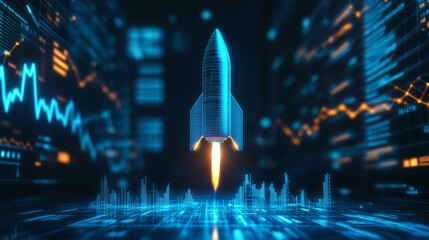 Poster - A blue, glowing rocket blasts off against a backdrop of digital charts. This futuristic scene represents the growth of business and investment in the digital age.