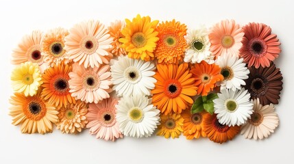 Wall Mural - Colorful arrangement of assorted Gerbera daisies on a white background, featuring shades of yellow, orange, white, and pink flowers in a close-up floral display.