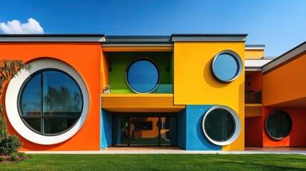Poster - Vibrant Modern Architecture Featuring Bold Colors and Circular Windows in a Sunny Outdoor Setting Surrounded by Greenery and Clear Blue Skies