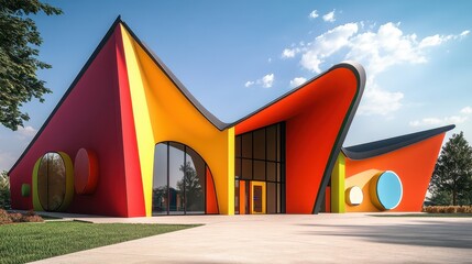 Poster - Modern Architectural Design Featuring Vibrant Colors and Unique Shapes Against a Clear Sky, Showcasing Creativity and Innovation in Urban Spaces