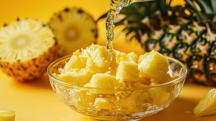 Poster - Fresh pineapple chunks in a bowl with water being poured, set against a vibrant yellow background.