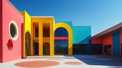Poster - Vibrant Modern Architecture Featuring Bold Colors, Geometric Shapes, and Sunny Skies in an Innovative Urban Setting