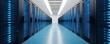 © ZpongXED - A modern data center aisle lined with blue-lit servers, creating a sleek and high-tech environment.