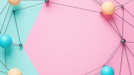 Poster - A colorful geometric design featuring pastel blue and pink sections connected by black lines and spheres, creating a modern, abstract visual.