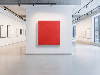 Canvas Print - An art gallery featuring minimalist artwork, highlighted by a bold, red square painting against a white wall in a spacious, well-lit setting.