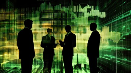 Poster - Silhouetted business people discussing data against a digital background.