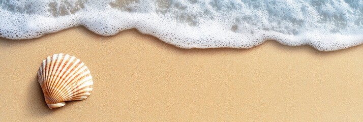Poster - Soft golden sand holds a solitary seashell as waves quietly wash over the beach during a peaceful sunset, creating a serene atmosphere. Generative AI