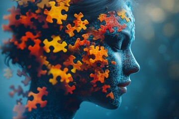 Wall Mural - Conceptual portrait of a woman blending with glowing puzzle pieces symbolizing intellect imagination and complexity in a futuristic surreal design