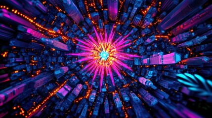 Poster - Urban light burst action cityscape digital art nighttime environment aerial view futuristic concept for dynamic visuals