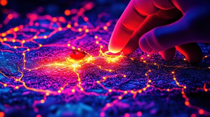 Poster - Mapping digital connections a hand interacting with neon city lights urban environment focused perspective technology concept