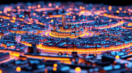 Aufkleber - Illuminated nightscape of a historic castle fantasy city digital artwork vibrant urban environment aerial perspective visual art concept