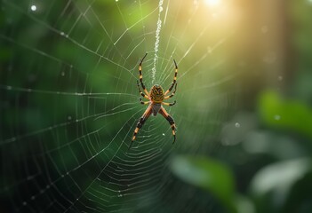 A yellow and black spider in the center of a delicate spider web, surrounded by blurred foliage in the background