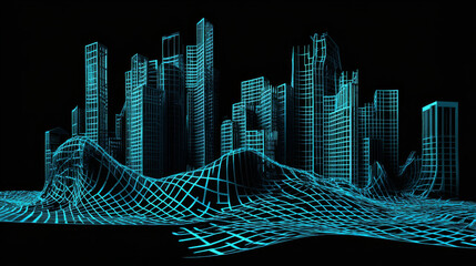 Poster - A 3D image with a black background and a bright blue pattern that looks like buildings.