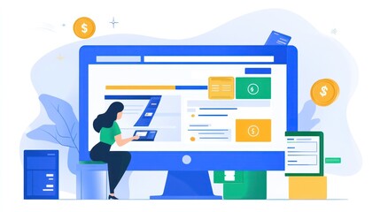 Aufkleber - A digital workspace with a woman using a tablet and a large monitor displaying data.