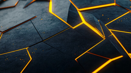 Poster - A futuristic, tech-inspired background with geometric shapes and vibrant yellow lines. It's rendered in 3D and looks like a scene from a sci-fi movie.