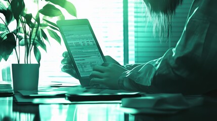 Poster - A person using a tablet while sitting at a desk with a plant in a well-lit environment.