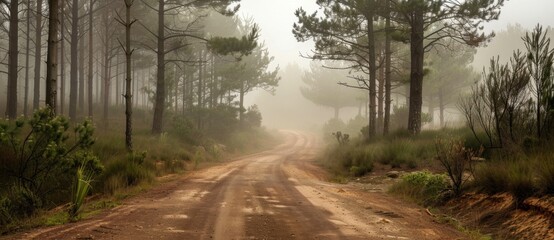 Canvas Print - foggy forest path, peaceful nature, tranquil scenery, dirt road, pine trees, misty atmosphere, serene landscape, outdoor adventure, wilderness exploration, quiet surroundings, natural beauty, soft li