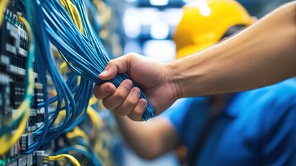 Fototapete - A worker handling cables in a server room, showcasing technology and industry work.