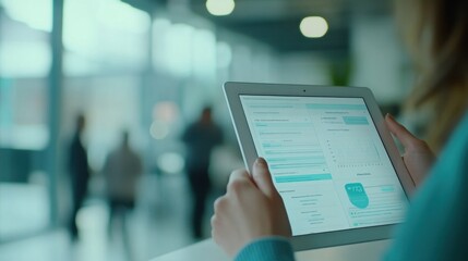 Poster - A person using a tablet to view data or information in a modern environment.