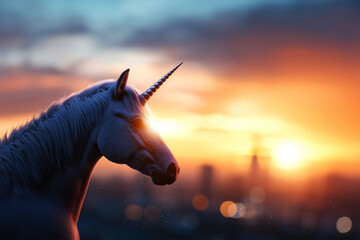 Aufkleber - majestic unicorn silhouette stands against vibrant city skyline at sunset, evoking sense of wonder and fantasy. glowing horizon adds magical touch to scene