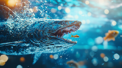 Aufkleber - large fish with sharp teeth swims underwater, chasing small fish in vibrant, dynamic scene filled with bubbles and light reflections