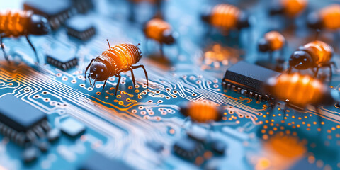 Poster - Tiny robotic insects crawl on computer circuit board, showcasing advanced technology and innovation. intricate design highlights fusion of robotics and electronics in futuristic setting