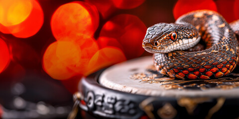 Poster - close up of snake wrapped around traditional drum, with vibrant red bokeh lights in background, creating dramatic and intense atmosphere