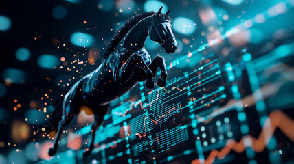 Aufkleber - dark horse leaps over hurdles made of business graphs, symbolizing overcoming challenges in dynamic financial environment. scene is vibrant with data and energy