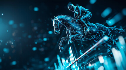 Poster - digital horse and rider leap over data driven hurdles, symbolizing intersection of technology and business analytics. futuristic scene is illuminated with glowing blue elements