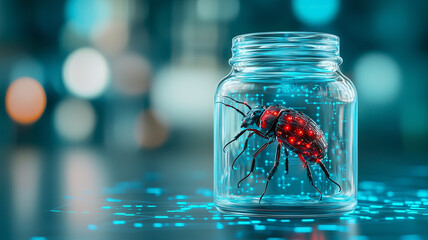 Poster - digital bug trapped inside glass jar symbolizes technology containment, glowing with vibrant red lights against blurred background, evoking sense of futuristic intrigue