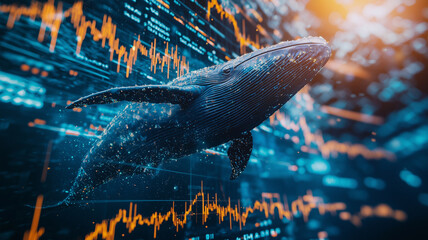 Poster - majestic whale swims through sea of stock market data, symbolizing vastness and complexity of financial markets. digital backdrop highlights dynamic nature of trading