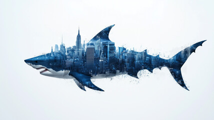 Poster - shark silhouette filled with city skyline, blending nature and urban life. image creatively represents juxtaposition of marine life and metropolitan environments
