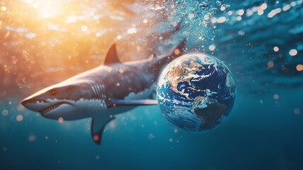 Poster - shark swims through international waters with globe, symbolizing global exploration and environmental awareness. sunlight filters through ocean, creating serene atmosphere