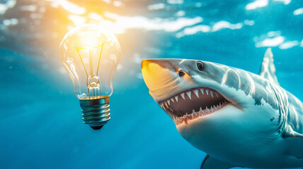 Poster - shark swims underwater with glowing light bulb above its head, symbolizing bright idea or innovation. scene is vibrant and imaginative, capturing essence of creativity and intelligence