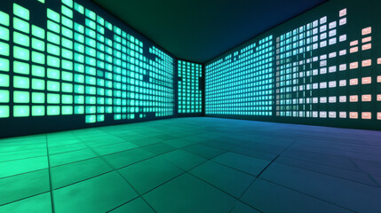 Poster - A futuristic display with green and blue colors shows a grid pattern. It represents technology and science in a 3D image.