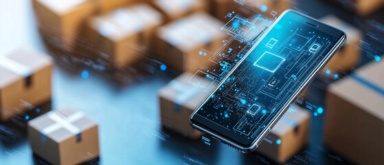 Aufkleber - smartphone with holographic shopping assistant hovers over background of cardboard boxes, illustrating futuristic e commerce technology