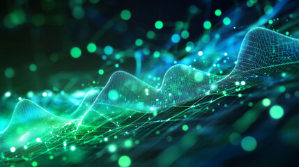 Poster - A futuristic display with green and blue colors shows a grid pattern. It represents technology and science in a 3D image.