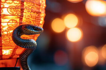 Aufkleber - snake is coiled around glowing red lantern, symbolizing mystery and intrigue in vibrant, illuminated setting. warm light creates captivating atmosphere
