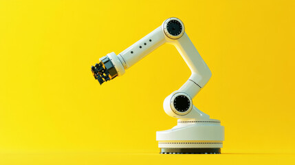 Poster - A robotic arm, designed for factory work, is shown against a yellow background. This image represents the future of manufacturing, using robots and smart technology.