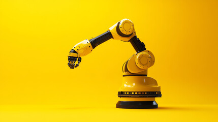 Poster - A robotic arm, designed for factory work, is shown against a yellow background. This image represents the future of manufacturing, using robots and smart technology.