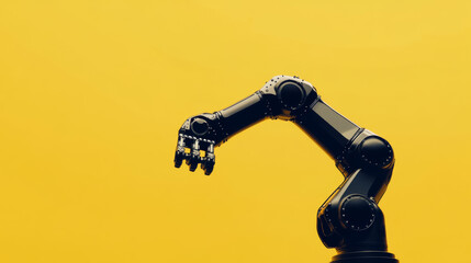 Poster - A robotic arm, designed for factory work, is shown against a yellow background. This image represents the future of manufacturing, using robots and smart technology.