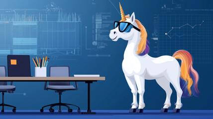 Aufkleber - unicorn wearing sunglasses stands confidently in modern boardroom, leading meeting with charts and graphs displayed on wall, symbolizing creativity and innovation