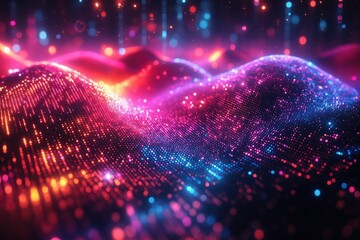 Poster - Vivid abstract landscape of glowing dots and waves with vibrant colors in a digital setting at night
