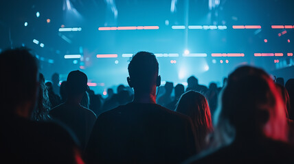 Poster - Concert attendees in cyberpunk cityscape with neon lights create vibrant atmosphere. crowd is immersed in futuristic setting, surrounded by glowing colors and dynamic energy